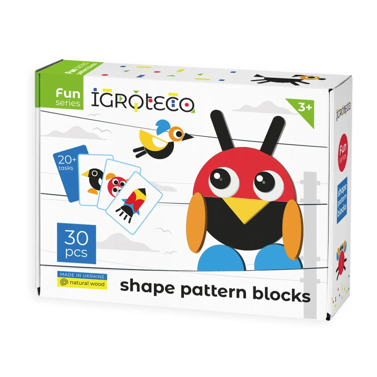 Drevená mozaika pre deti – predná strana krabice IGROTECO shape pattern blocks s vtákom a chrobáčikom, označením 30 pcs, 20+ tasks a vekom 3+.