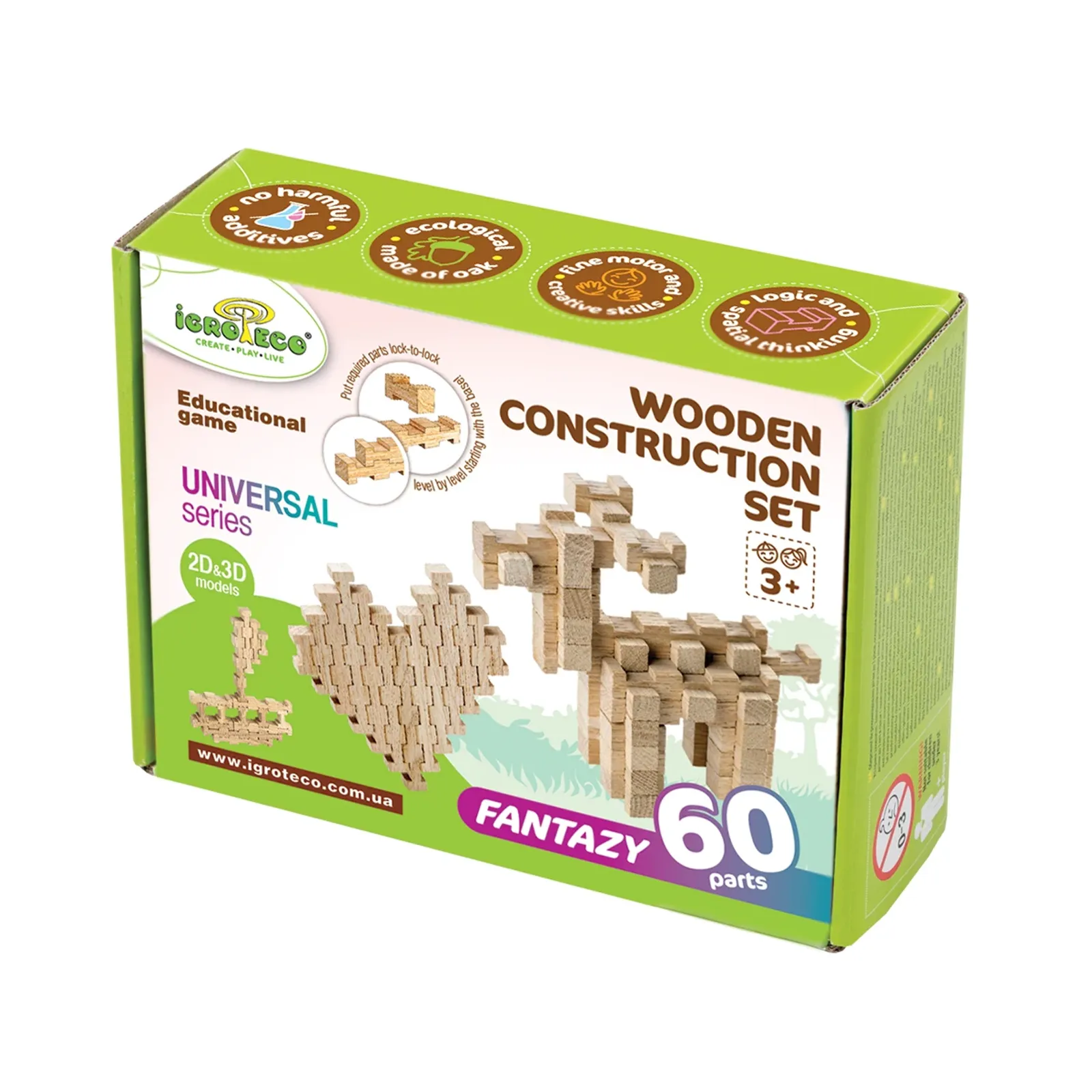 Drevená stavebnica Fantázia 60 – krabica spredu s označením 3+ a nápisom Fantazy 60 parts.