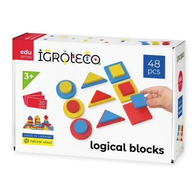 Drevené logické bloky Dienes – 48 tvarov, 20 úloh, od 3 rokov — predná strana balenia