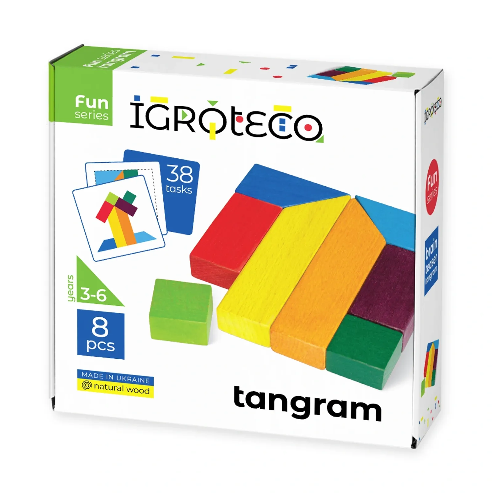Drevený tangram – predná strana zatvorenej krabice IGROTECO Fun series „tangram“ s údajmi 38 tasks, 8 pcs a vekom 3-6.