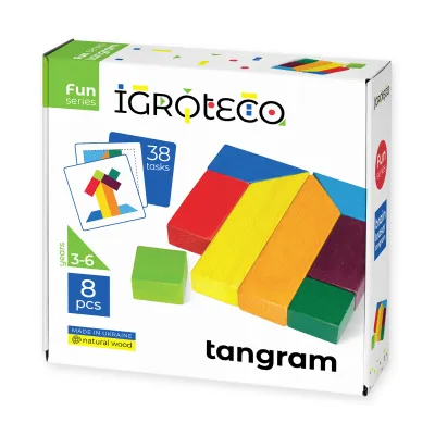 Drevený tangram pre deti – 8 dielikov, 38 úloh, od 3 rokov — predná strana balenia