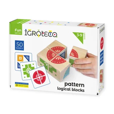 Dřevěné logické kostky – 4 kostky, 50 úkolů, od 3 let — přední strana balení