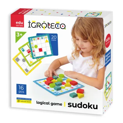 Dřevěné sudoku pro děti s tvary – 20 úkolů, od 3 let — přední strana balení