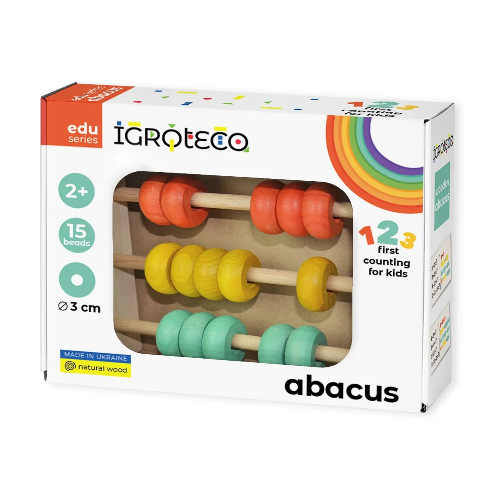 Drevené počítadlo – predná strana krabice IGROTECO abacus s priehľadom na počítadlo a s údajmi 2+, 15 beads, Ø 3 cm.