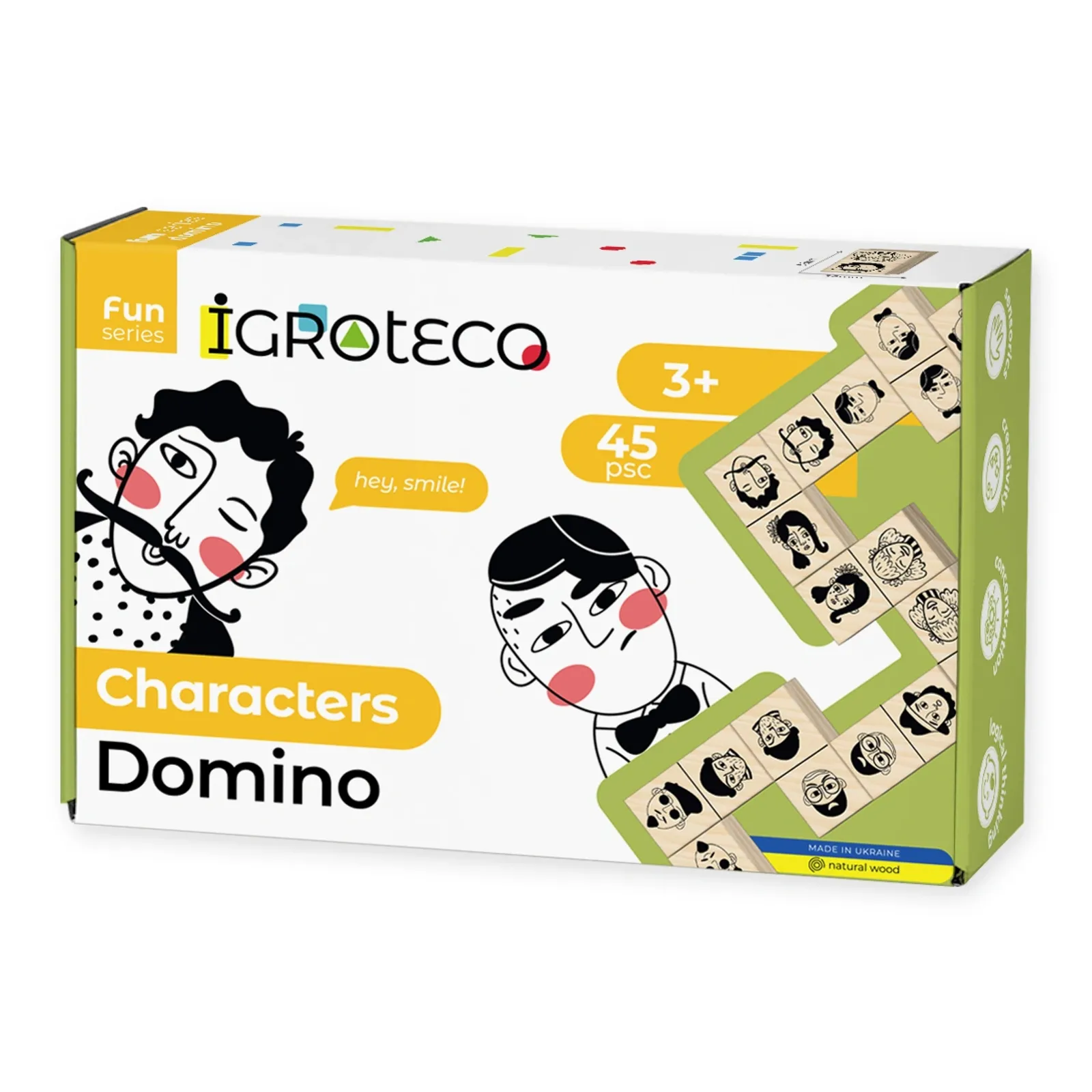 Drevené domino – predná strana krabice Characters Domino (IGROTECO) na bielom pozadí s údajmi 3+ a 45 psc.