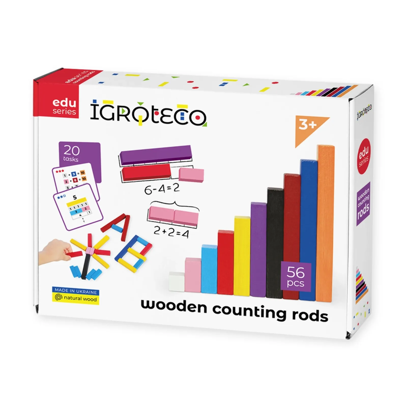 Drevené počítacie paličky – predná strana zatvorenej krabice IGROTECO edu series „wooden counting rods“ s označením 56 pcs, 20 tasks a vekom 3+.