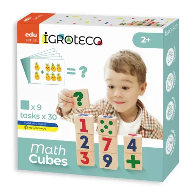 Drevené matematické kocky – 9 kociek, 30 úloh, od 2 rokov — predná strana balenia