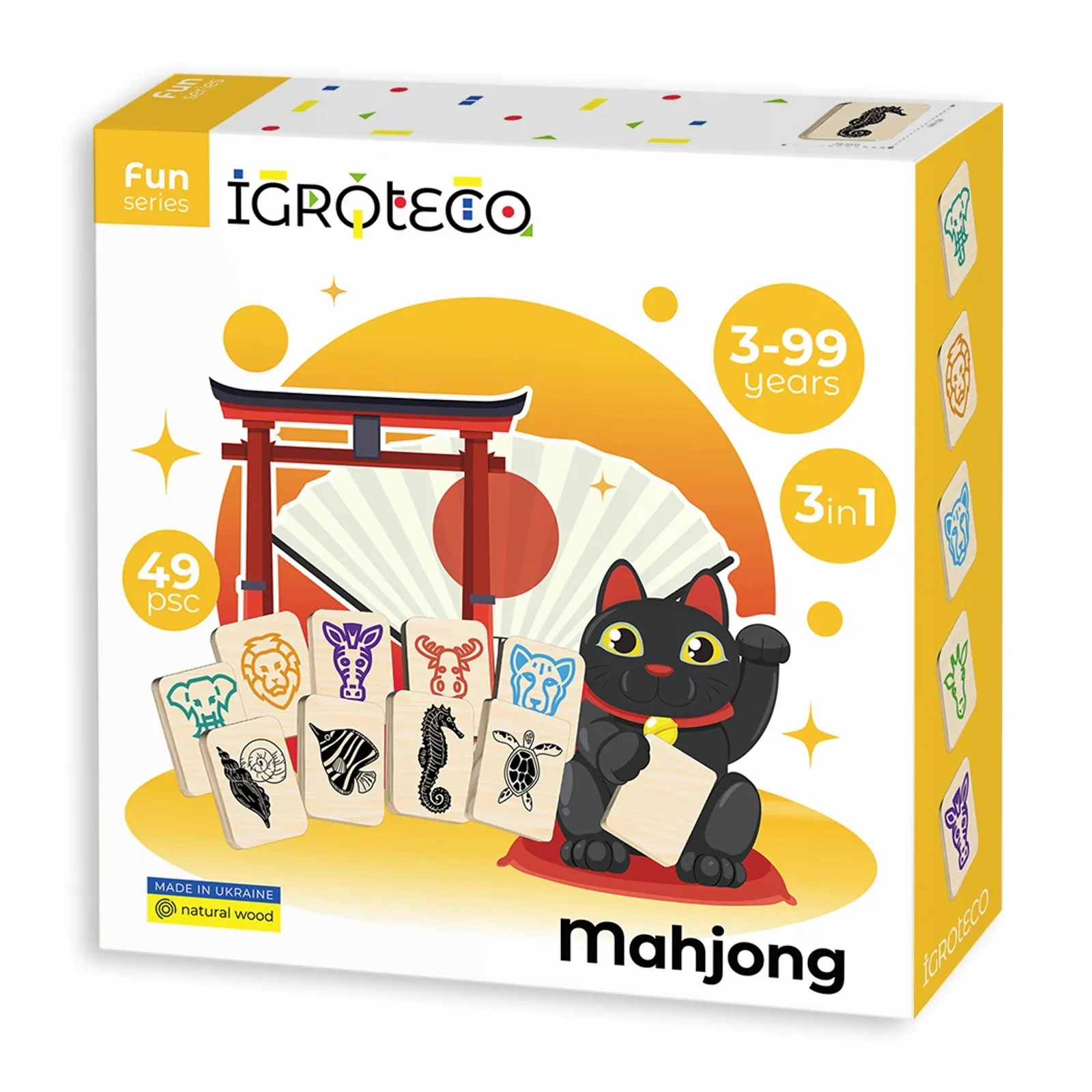 Mahjong 3 v 1 – predná strana krabice Mahjong (IGROTECO, Fun series) na bielom pozadí s čiernou mačkou, japonskou bránou a údajmi 3-99 years, 3 in 1, 49 psc.