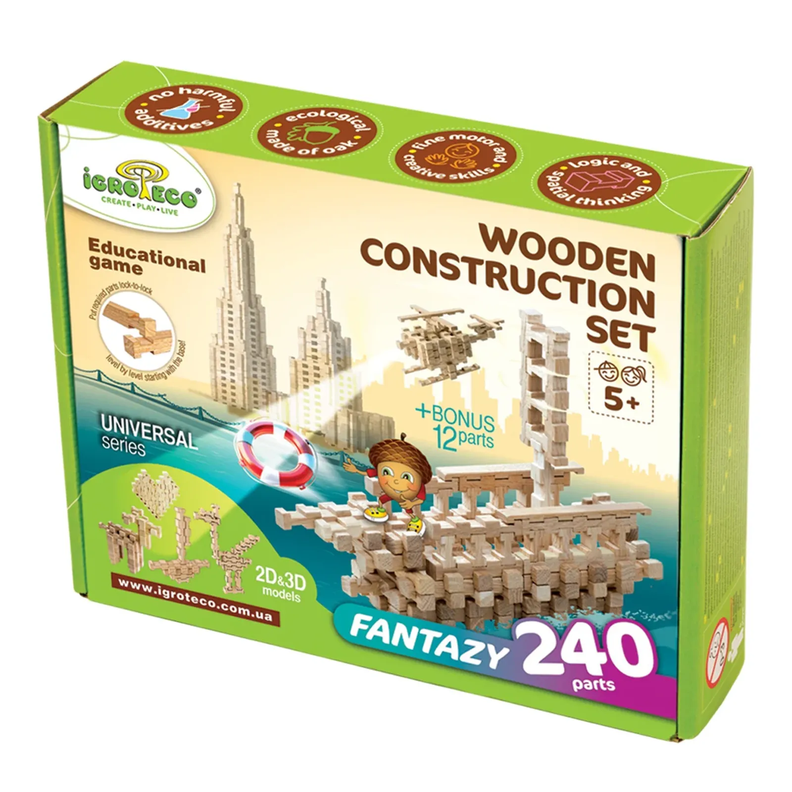 Drevená stavebnica Fantázia 240 – predná strana zelenej krabice Wooden Construction Set Fantazy 240 parts (IGROTECO) na bielom pozadí, s vytlačeným 5+.