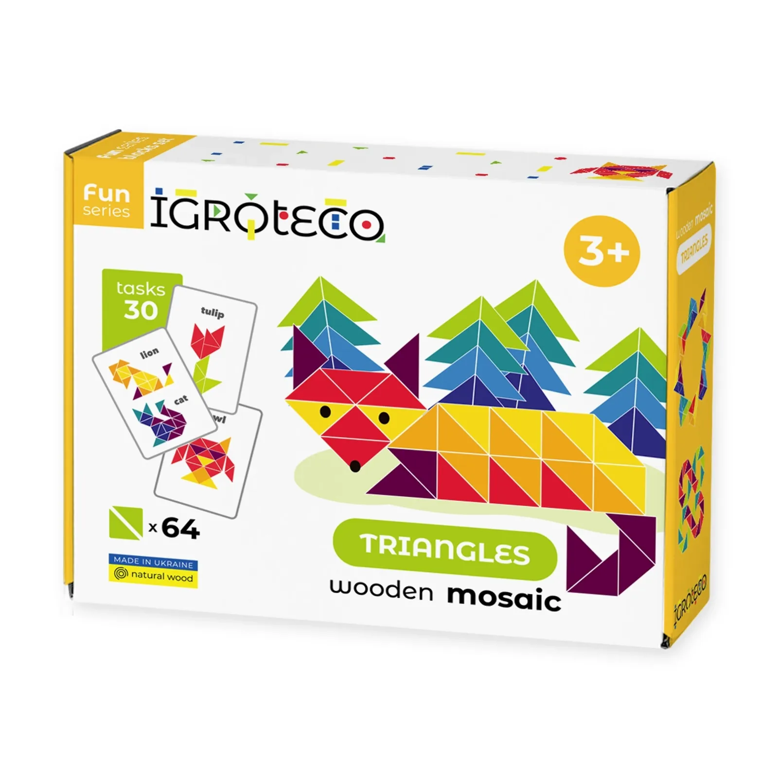 Drevená trojuholníková mozaika – predná strana krabice IGROTECO Fun series „TRIANGLES wooden mosaic“ s údajmi 30 tasks, x64 a vekom 3+.