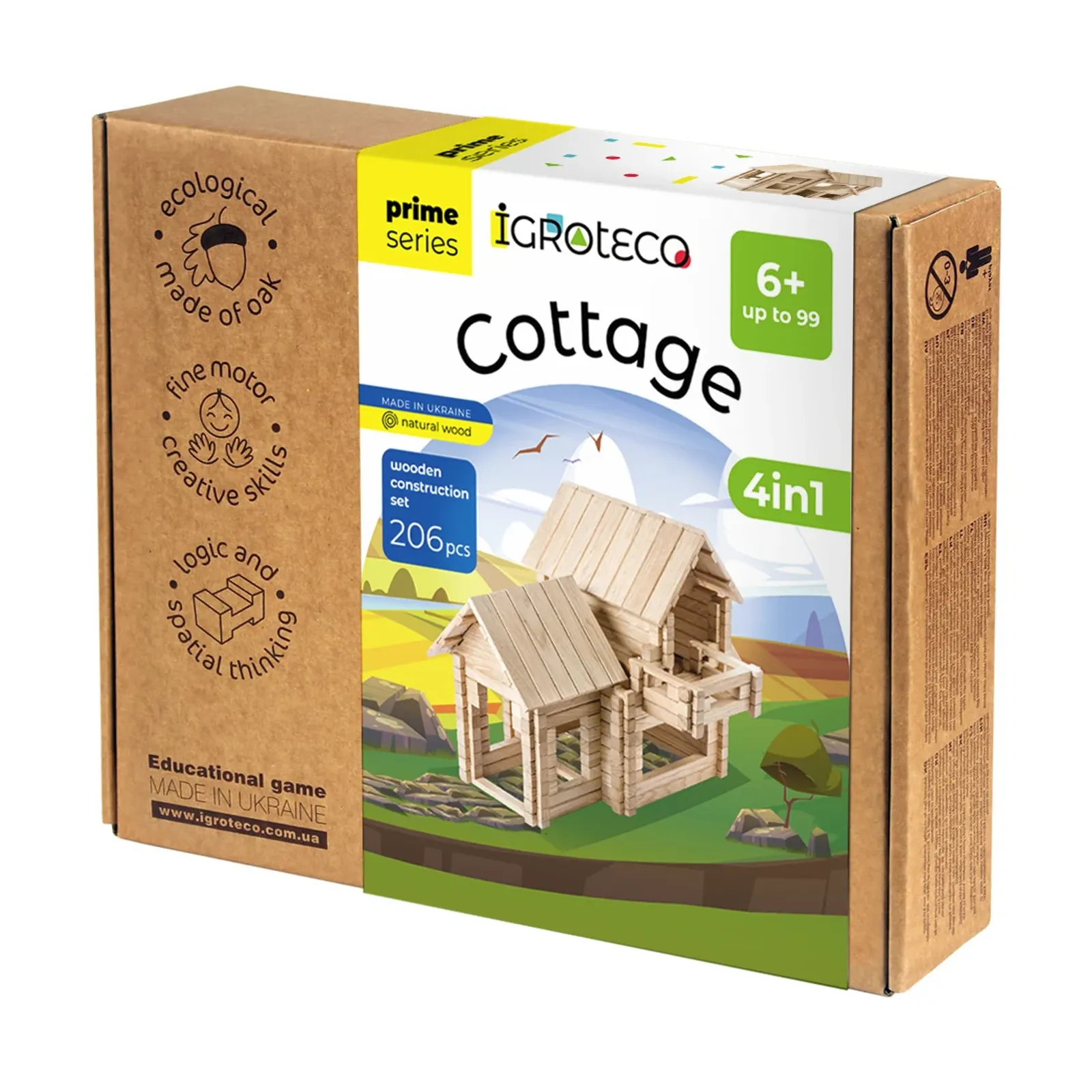 Drevená stavebnica Chata 4 v 1 – predná strana krabice IGROTECO prime series, Cottage 4in1, wooden construction set 206 pcs, vek 6+ up to 99.