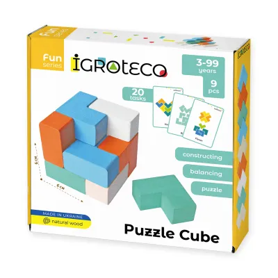 Puzzle kostka – dřevěná logická skládačka, 9 dílů, od 3 let — přední strana balení