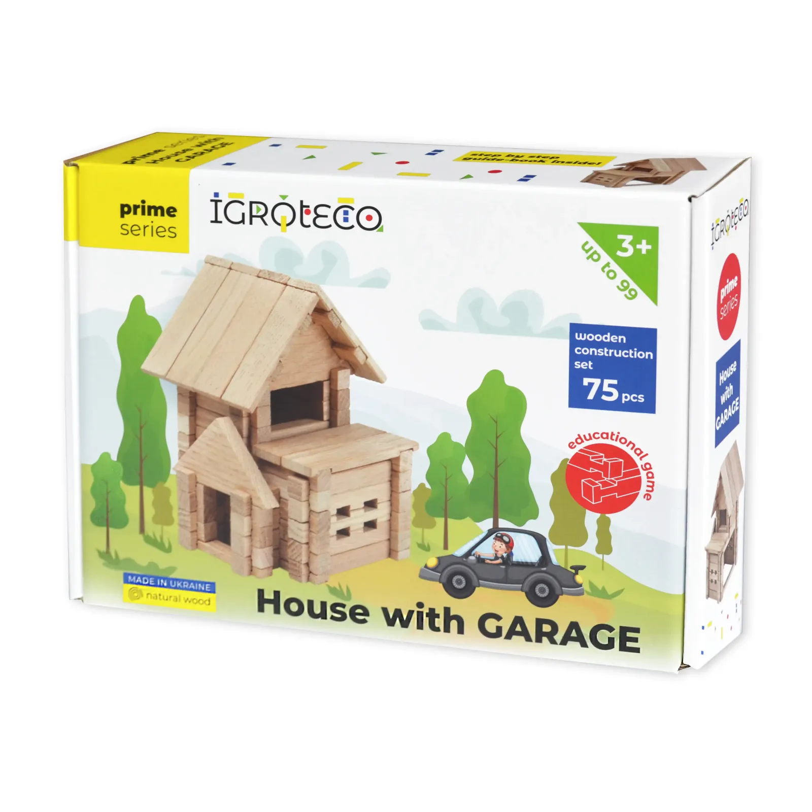 Drevená stavebnica Domček s garážou – predná strana krabice IGROTECO prime series, House with GARAGE, wooden construction set 75 pcs, vek 3+ up to 99.