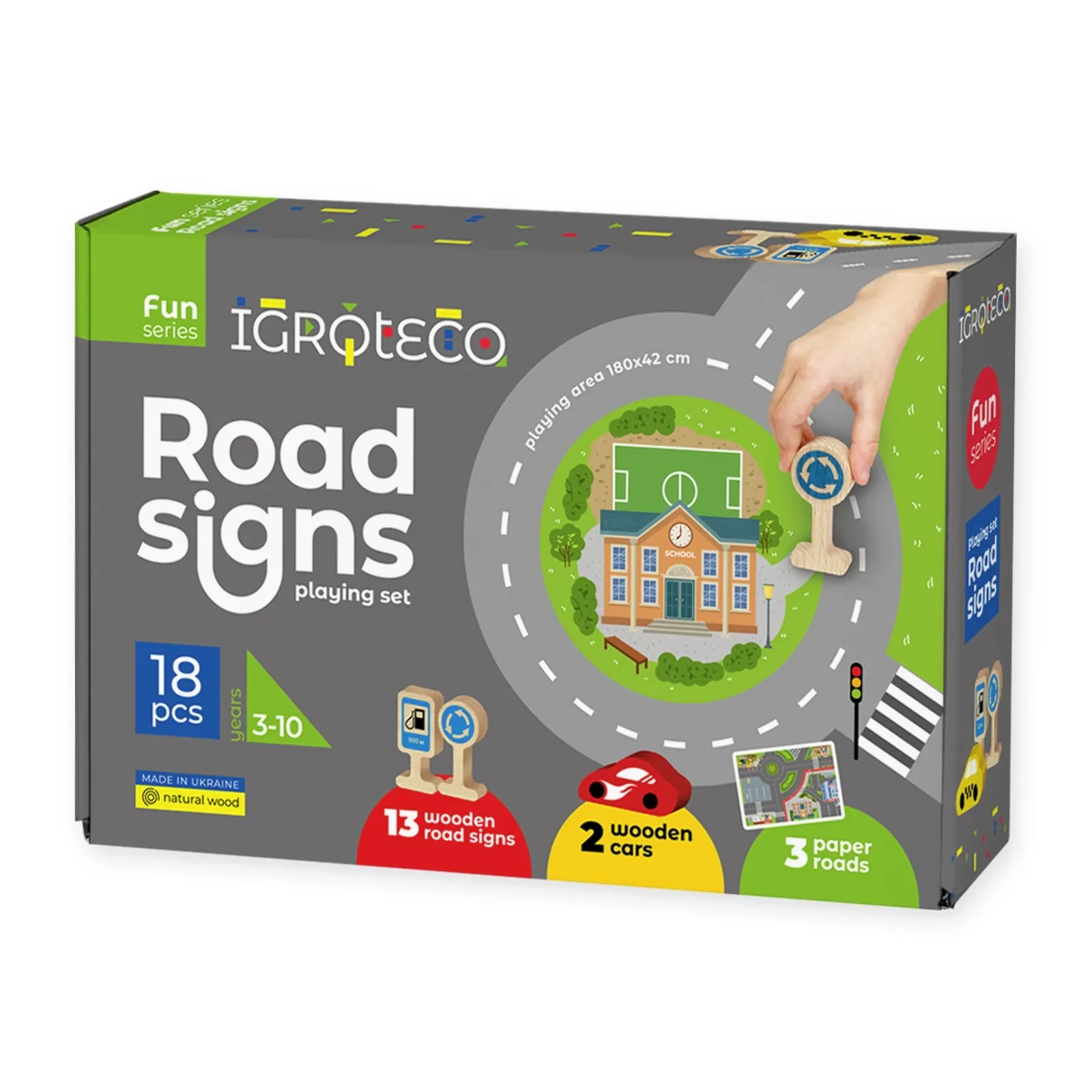Drevené dopravné značky – predná strana krabice IGROTECO Fun series „Road signs playing set“ s údajmi 18 pcs a vekom 3-10.